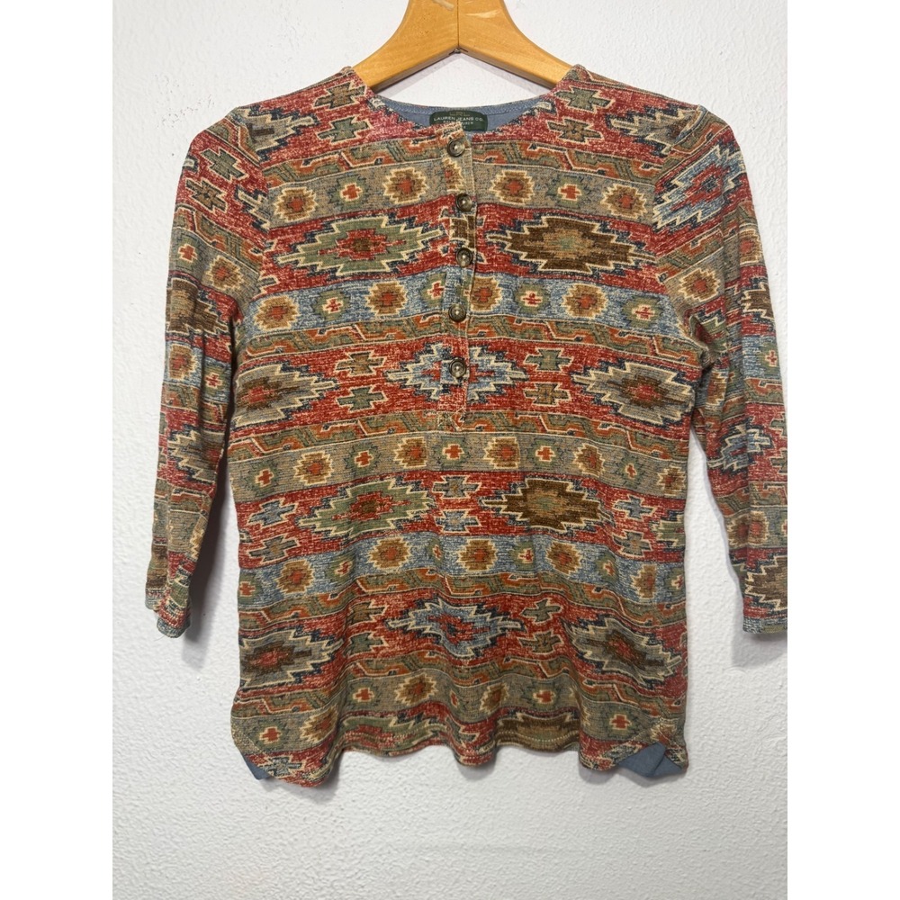 Ralph Lauren Southwestern Henley Top Red Blue Geometric Casual Comfortable‎ PL